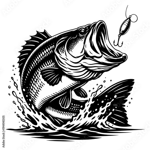 Large Mouth Bass Fish Jumping Out Of Water To Catch A Fishing Lure, Detailed Fishing Tournament Graphic For Anglers And Outdoor Enthusiasts