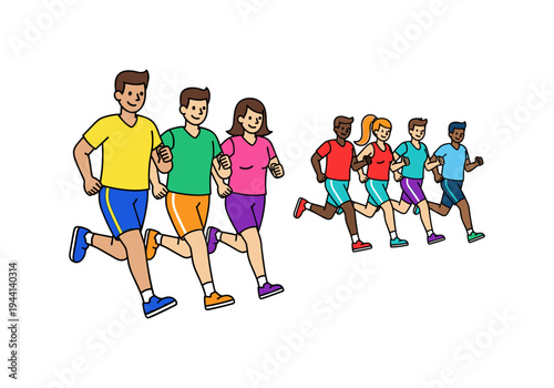 Diverse group of people running together in a race, enjoying outdoor exercise and fitness activities