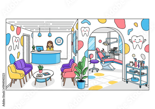 Cartoon dental clinic interior with reception and treatment room, cheerful design