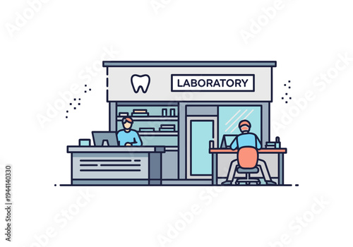 Dental laboratory interior with staff working on computers and equipment