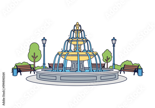 Decorative tiered fountain with benches and lampposts in a park setting