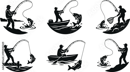 Professional Fishing and Angling Icon Set Featuring Fishermen Catching Fish from Boats Piers and Shorelines with Rods and Reels Silhouettes