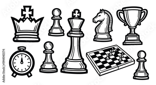 Chess Game Elements Collection King Queen Pawn Knight Board Clock Trophy Icons
