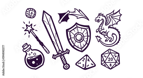 Fantasy Adventure Game Icons Set Dragon Sword Magic Wand Potion Dice