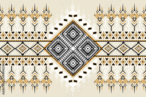 Seamless ethnic geometric pattern featuring symmetrical diamond motifs and ornamental tribal elements in black, gold, and beige tones.