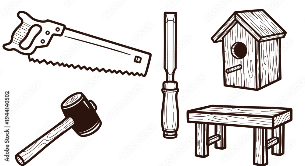 Fototapeta premium Set of wooden carpentry tools and handmade birdhouse and bench illustration