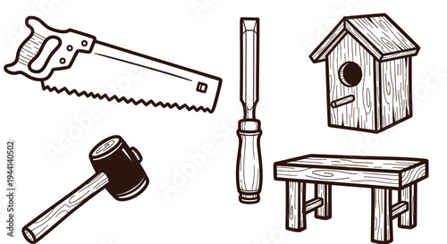 Set of wooden carpentry tools and handmade birdhouse and bench illustration