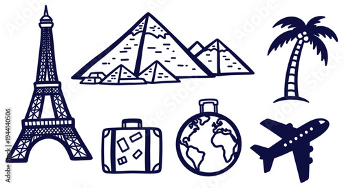 Travel Icons Collection Eiffel Tower Pyramids Airplane Suitcase Globe Palm Tree