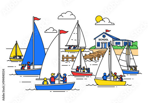 Children enjoying sailing lessons at a school by the water with colorful sailboats