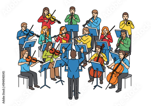 Diverse orchestra ensemble performing classical music with conductor leading the musicians