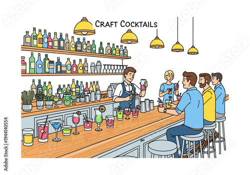 Bartender preparing craft cocktails for customers at a busy bar counter