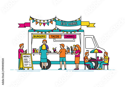 People enjoying food and drinks from a colorful food truck with a "Eat Here" sign