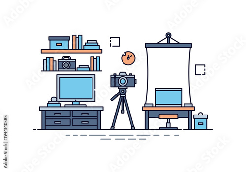 Modern flat design illustration of a photography studio setup with camera and equipment
