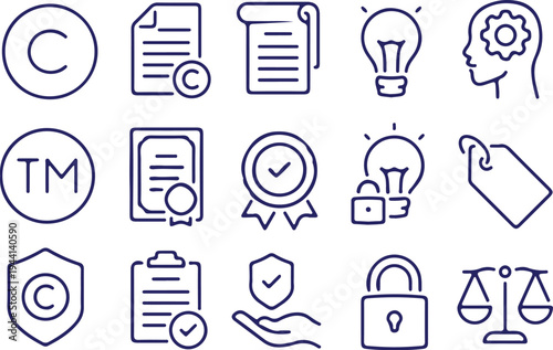 hand drawn intellectual copyright bule outline icon set vector illustration design 