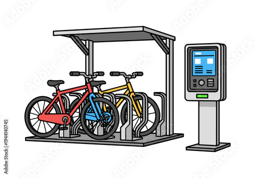 Modern bicycle rack with automated payment kiosk and colorful bikes parked