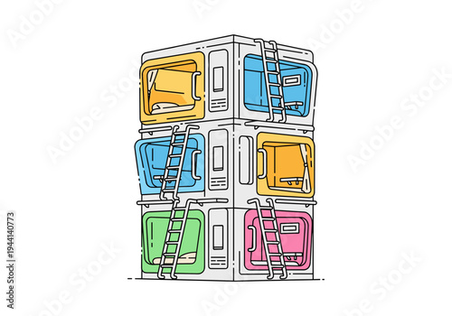 Modern capsule hotel pods stacked vertically with colorful interiors and ladders
