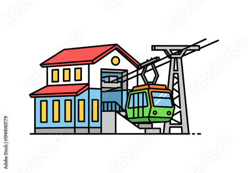 Modern cable car station with green gondola arriving at a contemporary building