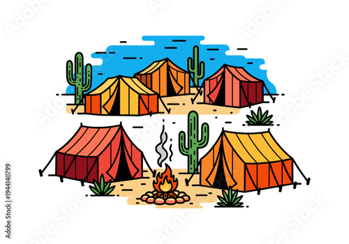 Desert camping scene with tents, campfire, and cacti in a flat design style