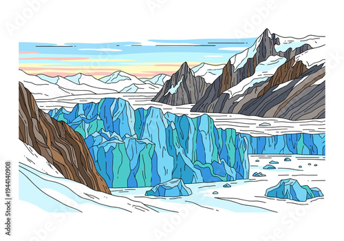 Vibrant illustration of a majestic glacier and snow-capped mountains under a colorful sky