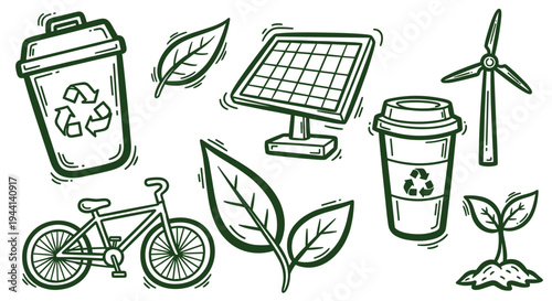 Eco friendly lifestyle symbols including solar panel bicycle wind turbine and recycling bin