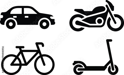 Vehicles icons including car motorcycle bicycle and scooter