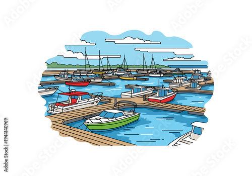 Colorful boats docked in a busy marina on a sunny day with blue skies and clouds