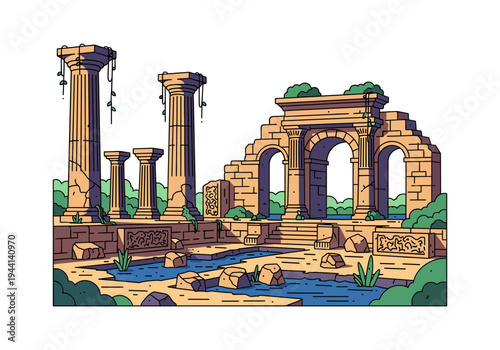 Ancient Greek ruins with crumbling columns and arches overgrown with vines and vegetation
