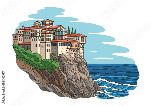Monastery perched on a cliff overlooking the sea, a picturesque coastal landscape