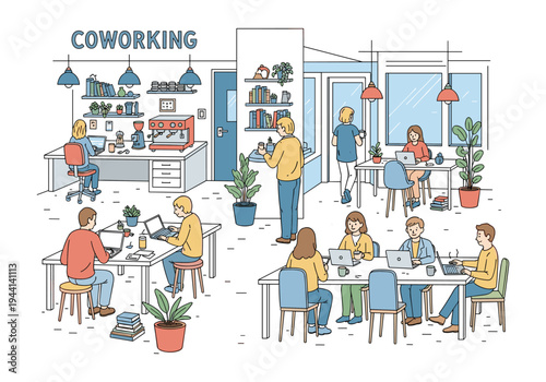 Diverse group of people working and collaborating in a modern, bright co-working space