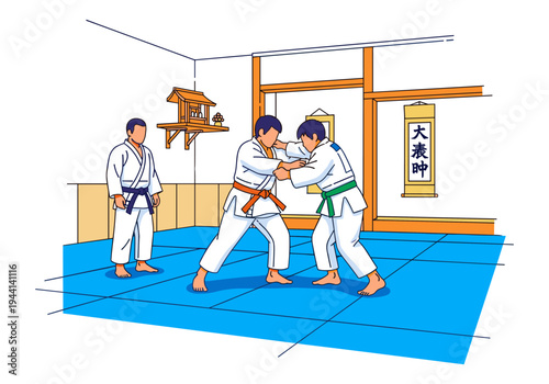 Martial artists practice judo techniques in a traditional dojo with a sensei observing