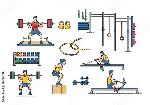 Diverse group of people engaged in various fitness activities and gym equipment illustrations