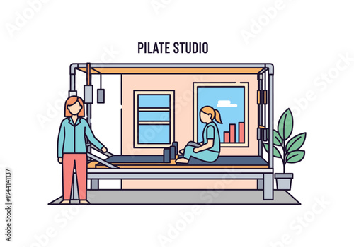 Pilates instructor guiding a client on a reformer machine in a modern studio setting