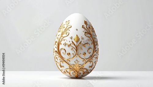 Ornate white egg with golden swirls, floral motifs, and symmetrical embellishments, luxurious Baroque-inspired design reminiscent of Fabergé craftsmanship and cultural artistry.