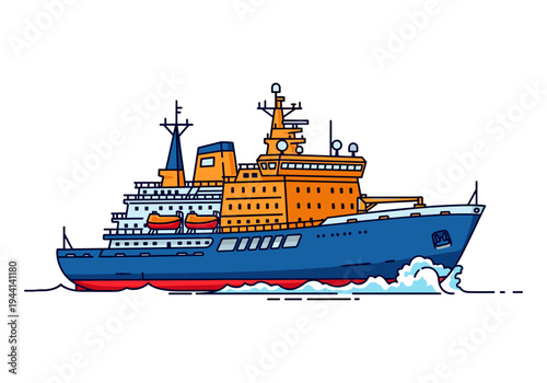 Modern icebreaker ship sailing through blue waters with white waves