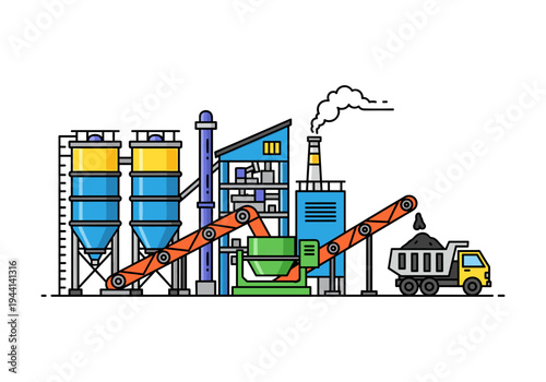Industrial factory with silos, conveyor belts, and a truck loading coal