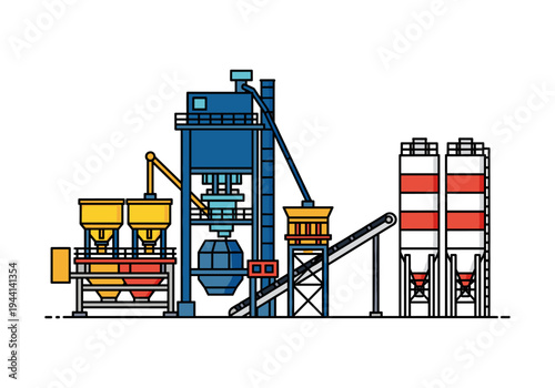 Modern concrete batching plant with silos and conveyor belt, industrial construction equipment illustration