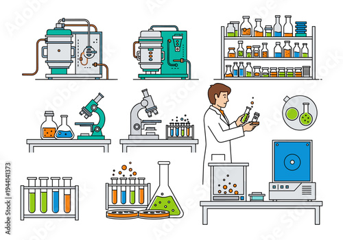 Diverse laboratory equipment and scientist conducting experiment in a modern research facility