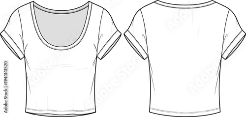 Cropped short sleeve t-shirt fashion illustration, scoop neckline, front and back technical sketch, apparel design template, modern clothing vector