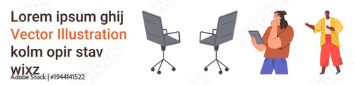 Workplace communication, creative collaboration, online meetings, teamwork, human resources, design concepts. Two office chairs and two people using devices. Workplace communication and creative