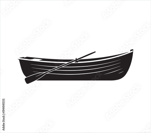 Black and white illustration of a traditional wooden rowboat with oars