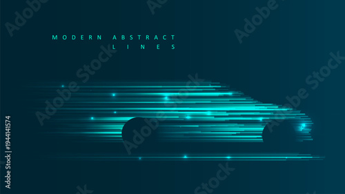 Sport car on hi-speed motion moving concep. Futuristic glowing blue ray. Graphic concept for your design
