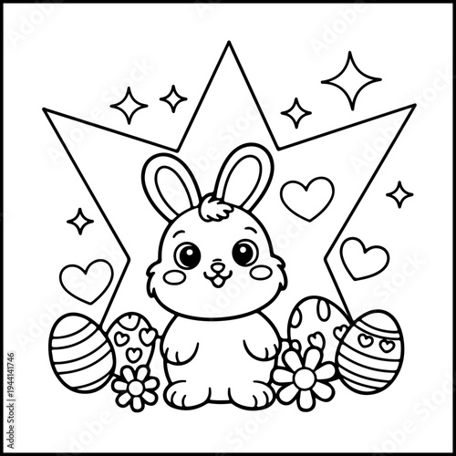 Cute Easter bunny with eggs and flowers coloring page, hand drawn vector illustration for kids and crafts