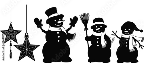 Festive snowman holiday illustration with hats, scarves, broom, star ornaments, cheerful winter Christmas decoration design - flavector