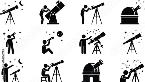 Professional Astronomy Icon Set Featuring People Using Telescopes Stargazing Observatory Domes Constellations and Night Sky Exploration Silhouettes