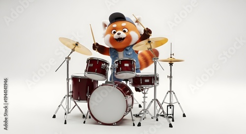 Cute animal characters playing drums. Generative AI.