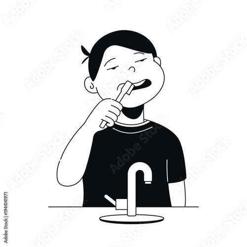 Boy Brushing Teeth - Black and White Flat Design Illustration