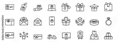 Gift and surprise present outline icon set featuring shopping voucher and delivery package for celebration rewards and more vector illustration or editable stroke