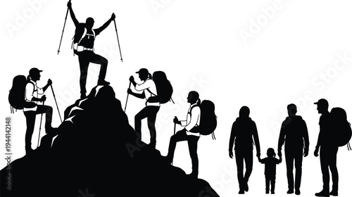 Hiking and family silhouette illustration with climbers on mountain peak, backpacks, trekking poles, parents walking with child - flavector