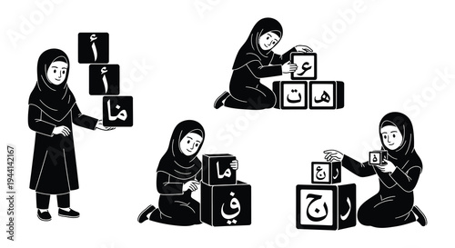 Young girls learn arabic letters with building blocks in a classroom