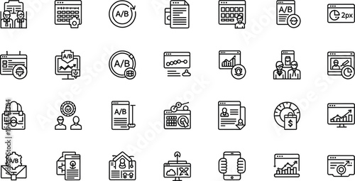 A B testing and marketing analytics line icon set featuring conversion tracking campaign analysis and optimization tools